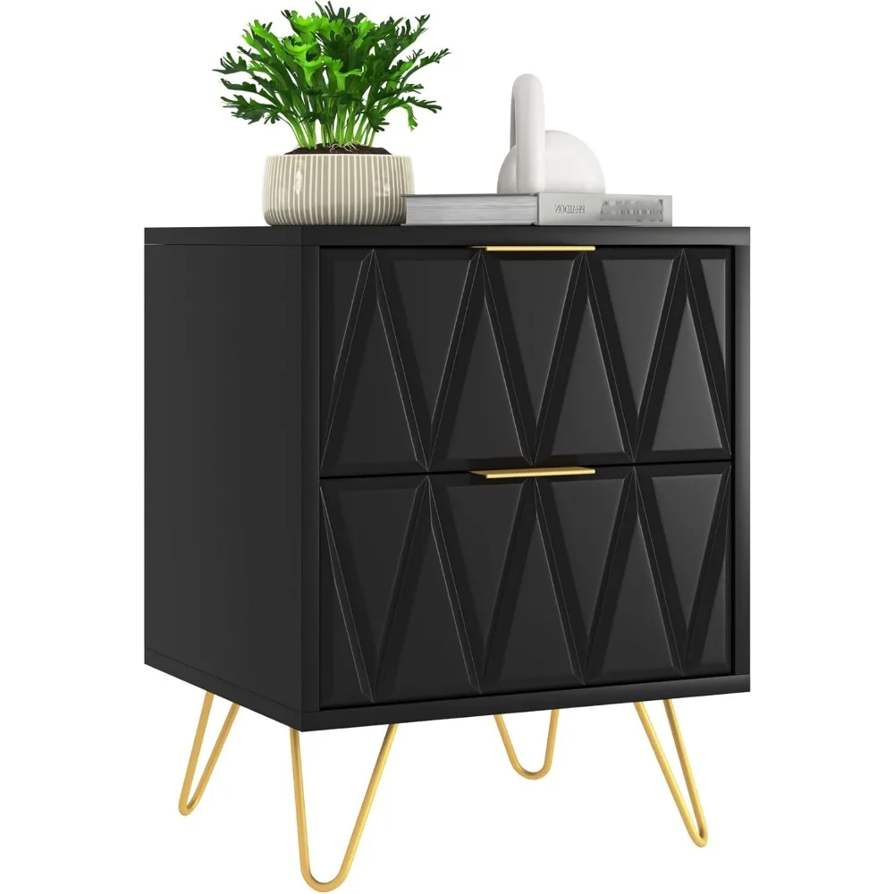 Black Nightstand, Modern Bedside Table with 2 Drawers Storage, Wood End Side Table Night Stand with Gold Metal Legs