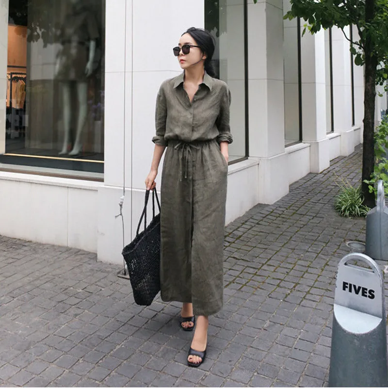 Johnature 2024 Spring Casual Linen Drawstring Shirt Dresses Women New Japanese Turn-down Collar Tie Solid Color Loose Dress