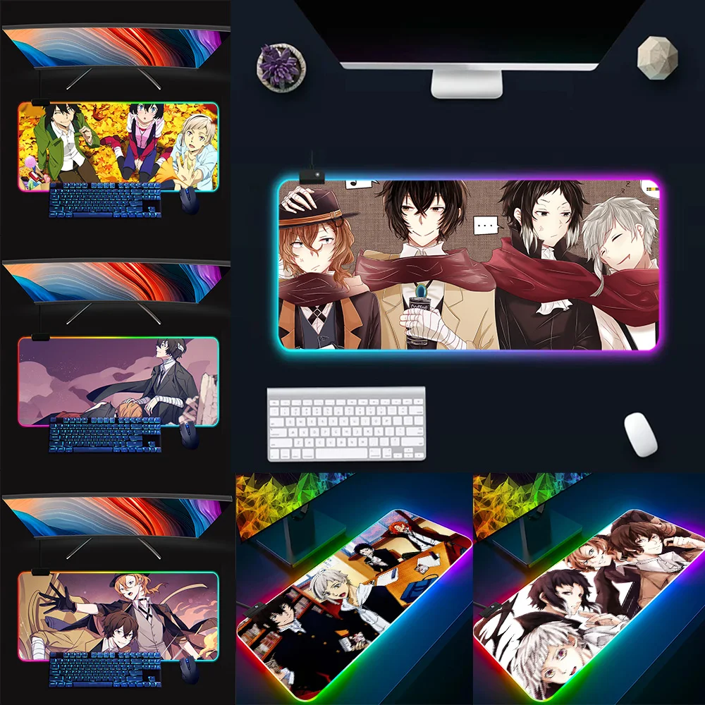 Bungou Stray Dogs RGB Pc Gamer Keyboard Mouse Pad Mousepad LED Glowing Mouse Mats Rubber Gaming Computer Mausepad