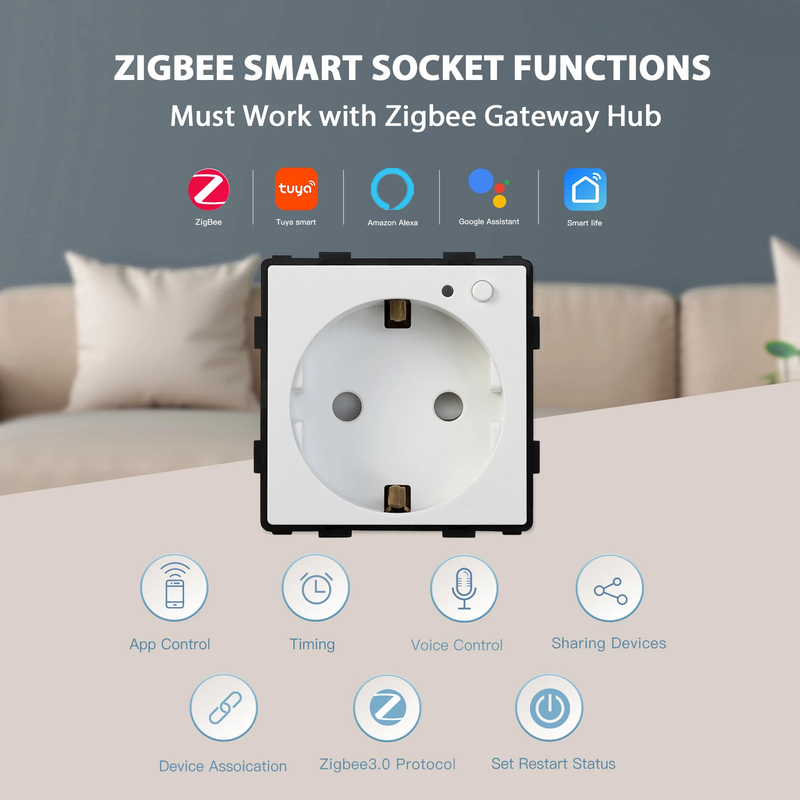 BSEED ZigBee Wall Sockets Funtion Part Power Smart Sockets Key Google Smart Life App Control Alexa Wireless Socket EU Standard