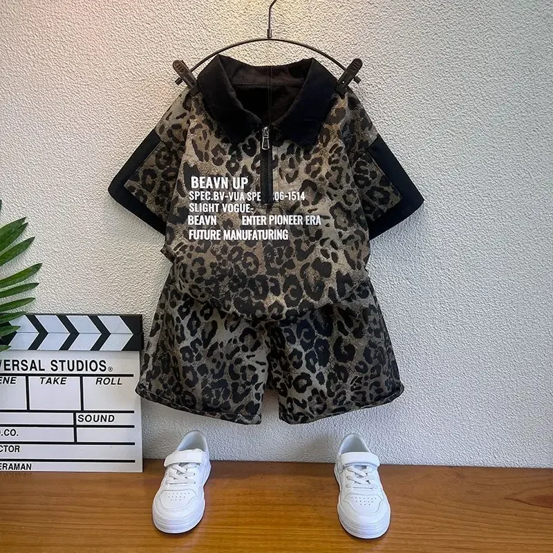 

Summer 2026 New Style Boys' Children's Set Leopard Print Short Sleeve T-Shirt And Shorts Casual Two-Piece Set for Kids