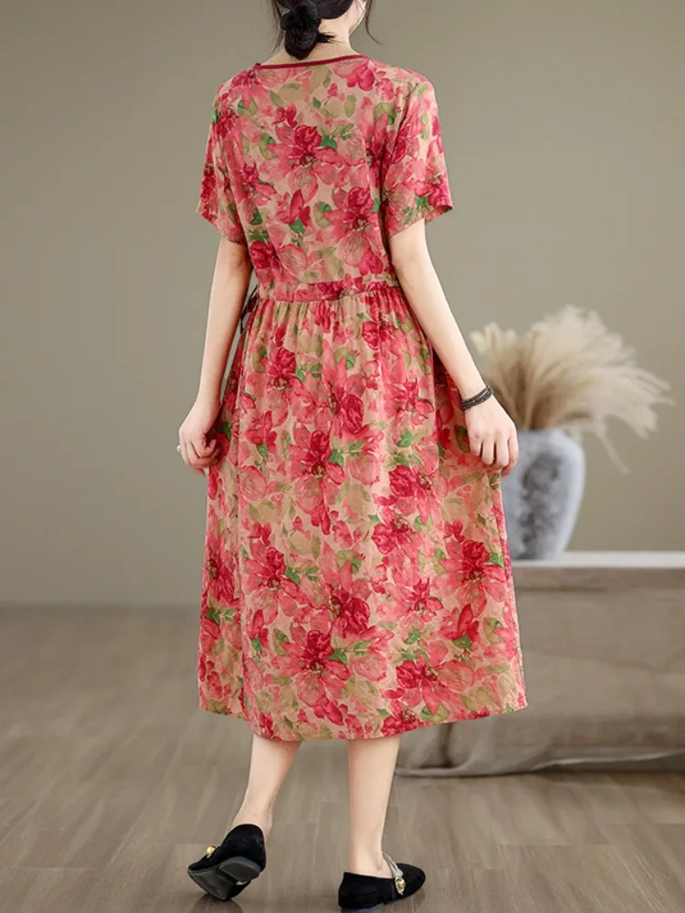 Sommer Baumwolle Leinen ort Sve Dr Damen Künstlerischer Retro-Druck Kleine Größe Taille Cinching Dstring Schlankheits-Midirock