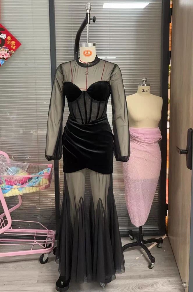 Sexy durchsichtige Abendkleider, flauschige lange Ärmel, Stehkragen, Meerjungfrau-Abschlussballkleid für afrikanische Frauen, Illusions-Geburtstagskleider für Mädchen