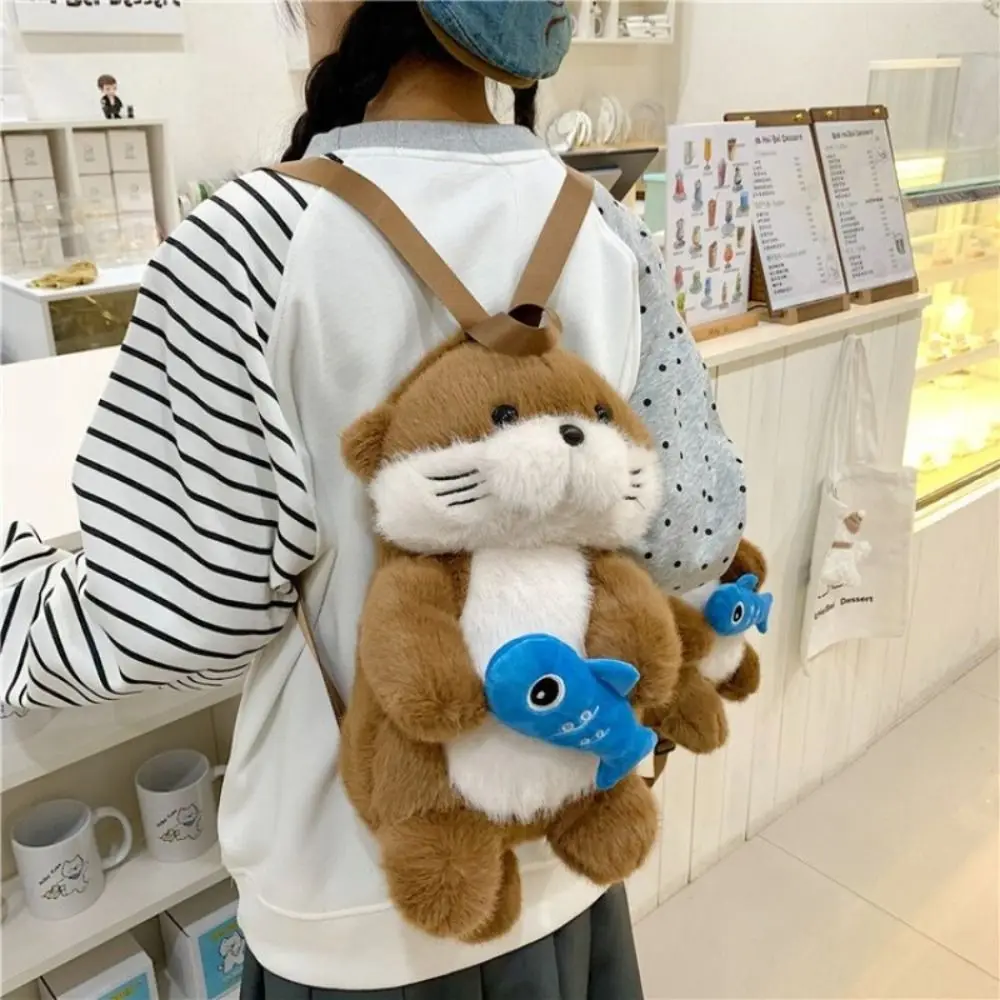 Adorable Otter Backpack Holding Fish Realistic Look Simulation Animal Shoulder Bag Soft Fluffy Student School Bag Casual Use