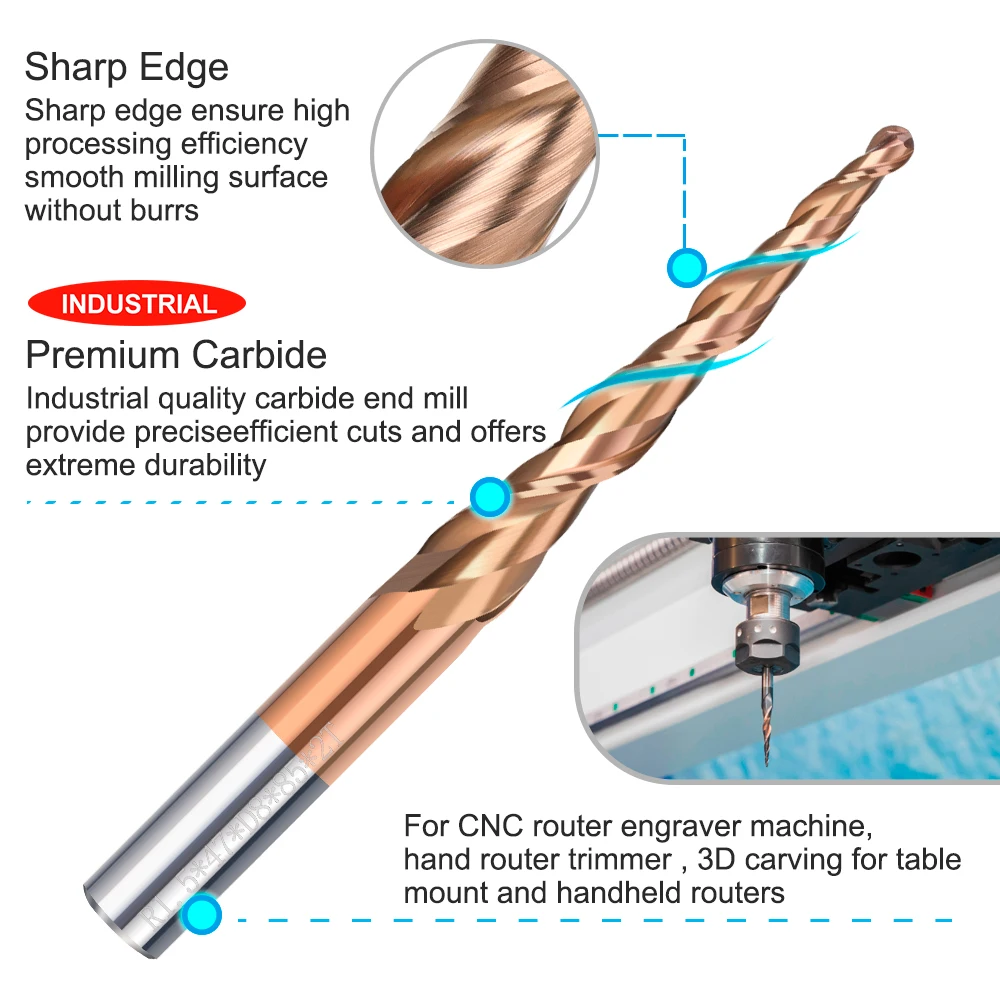 Imagem -03 - Xcan-ball Nose Cônico End Mill Carbide Milling Cutter Cnc Spiral Router Bit Madeira Metal Milling Tool 3d Carving Bit Flauta
