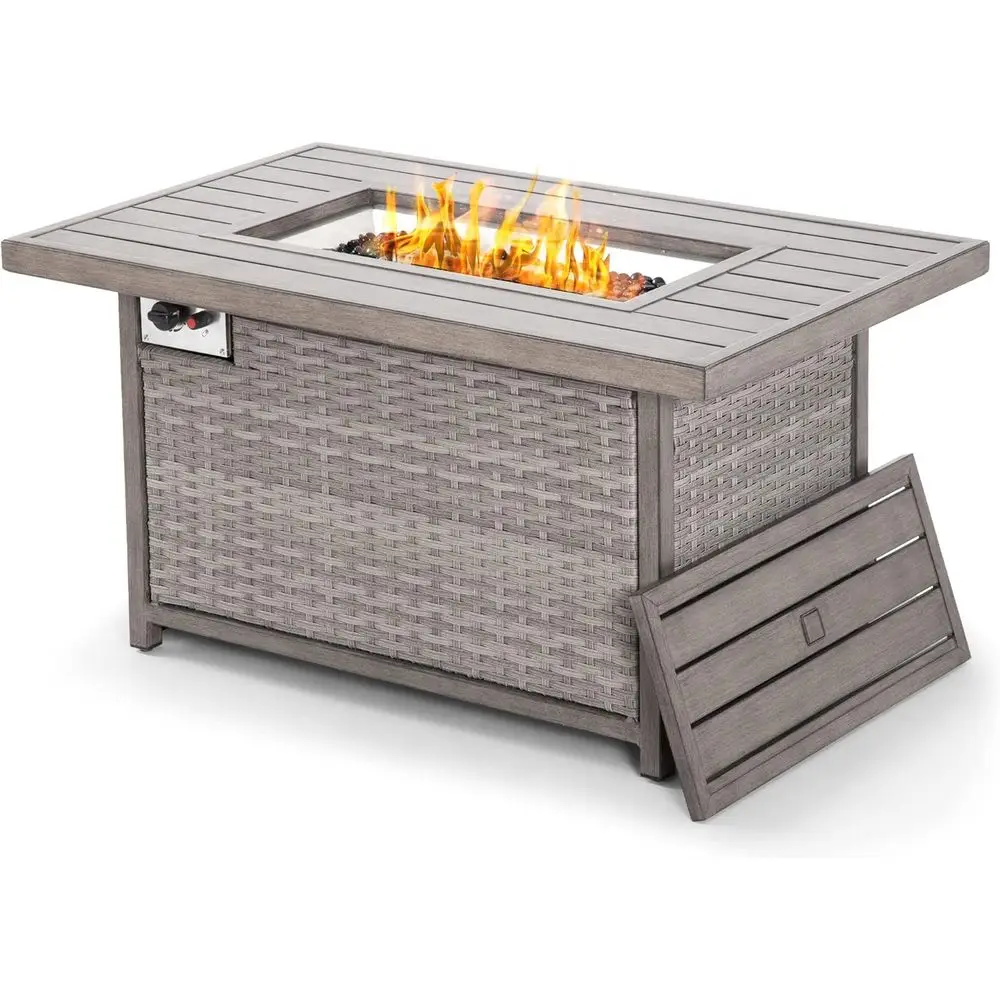 

48-inch Square Propane Fire Pit Table with Gray Wicker and Clear Glass Rocks