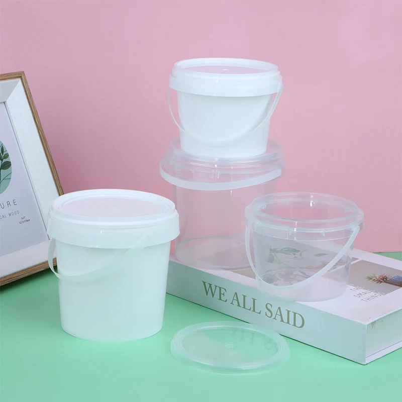 

1Pc 500/1000ML Transparent Plastic Bucket with Lid and handle Food Storage Container Refillable Milk Tea Bucket