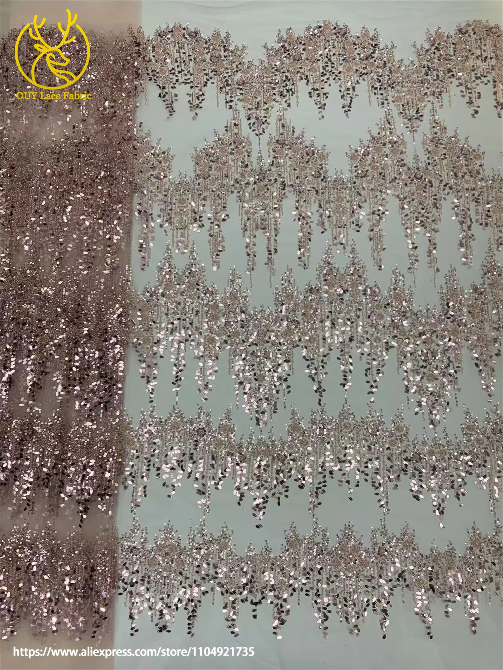 Afrikanischer Spitzenstoff 2026 Gold Pailletten Perlenstickerei Bräutigam Nigerianische Braut Hochwertiger französischer Tüllspitze Hochzeitskleidstoff – Detail 5
