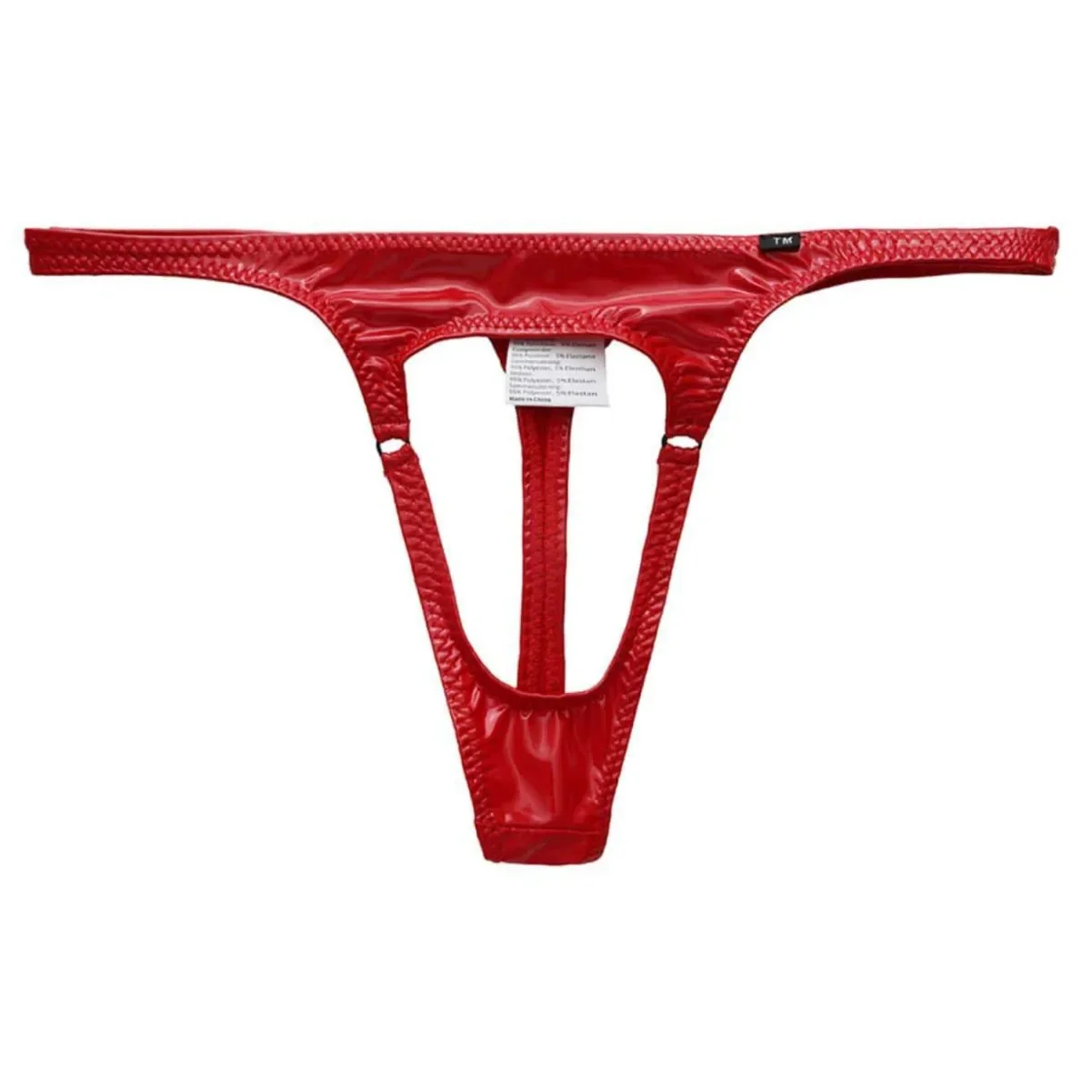 Shiny Faux Leather T Panties for men Hollow Front Design, Black Metal Ring Low Waist Sexy Thong Underwear