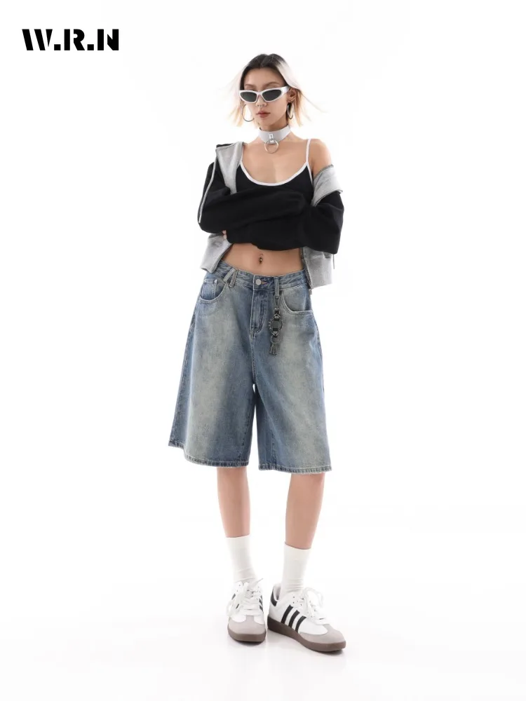 American Vintage High Waist Loose Jeans Women's Casual 2000s Light Blue Shorts Baggy Y2K Wide Leg Grunge Washed Denim Shorts