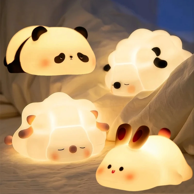 Cute LED Night Light Panda Sheep Rabbit Silicone Nightlights Timing USB Rechargeable For Bedroom Decoration Kids Birthday Gift