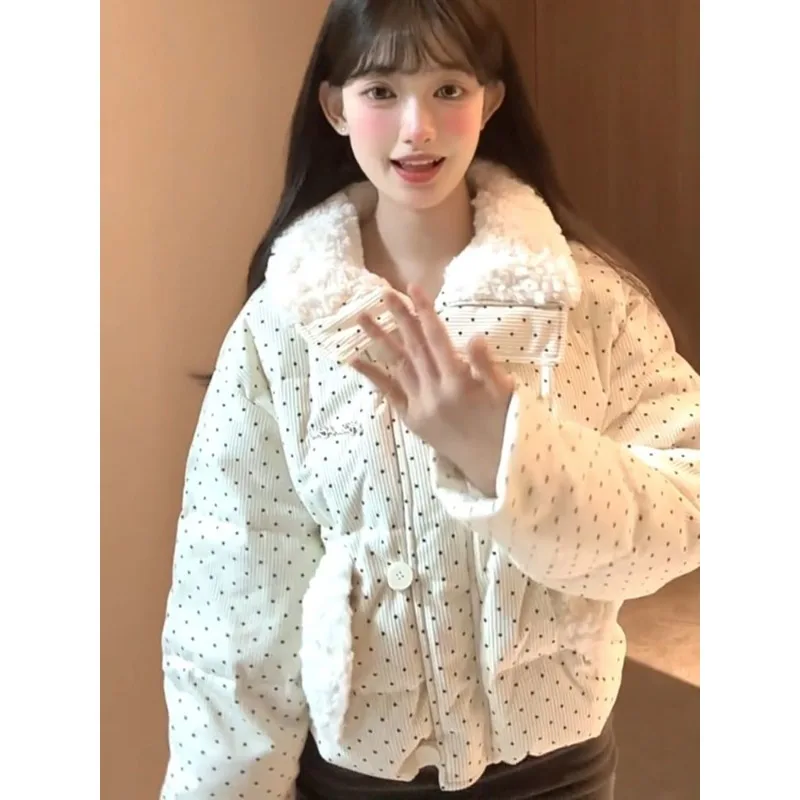 Women's Models Fall Winter Coat Blouse Zipper Buttons Hair Collar Polka Dot Sweet Cute Loose Warm Fashion Design Sense New Soft