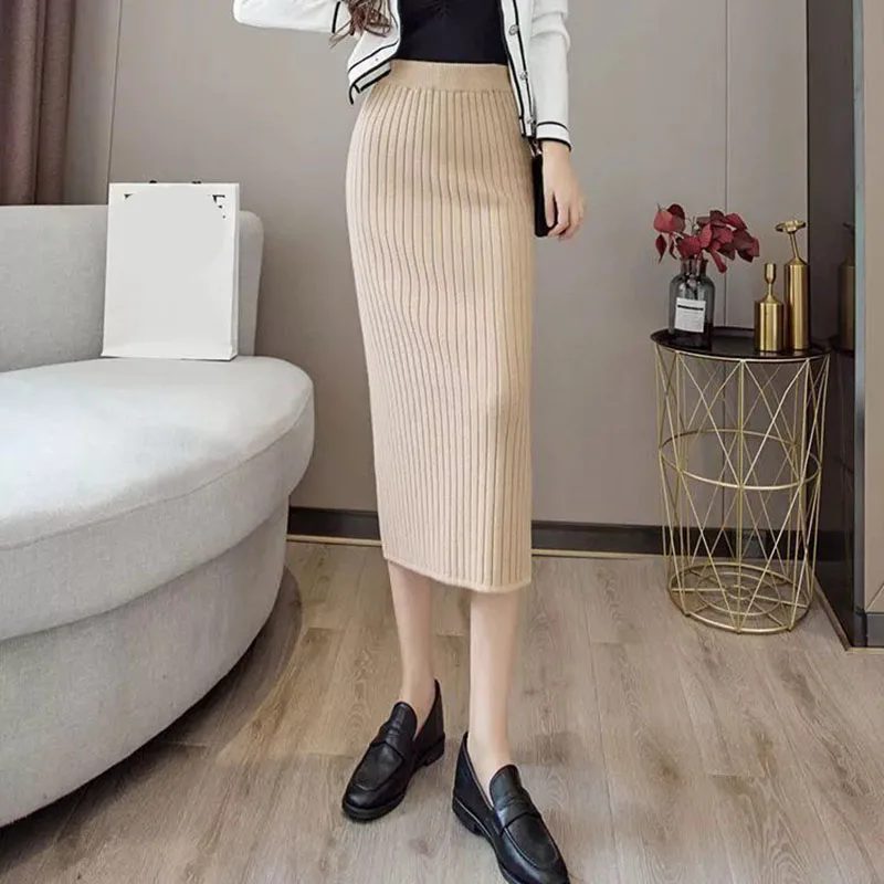 Lucyever Black Gray Knitted Skirts for Women Autumn Winter High Waist Straight Long Skirts Female Korean Slim Fit Bodycon Skirt