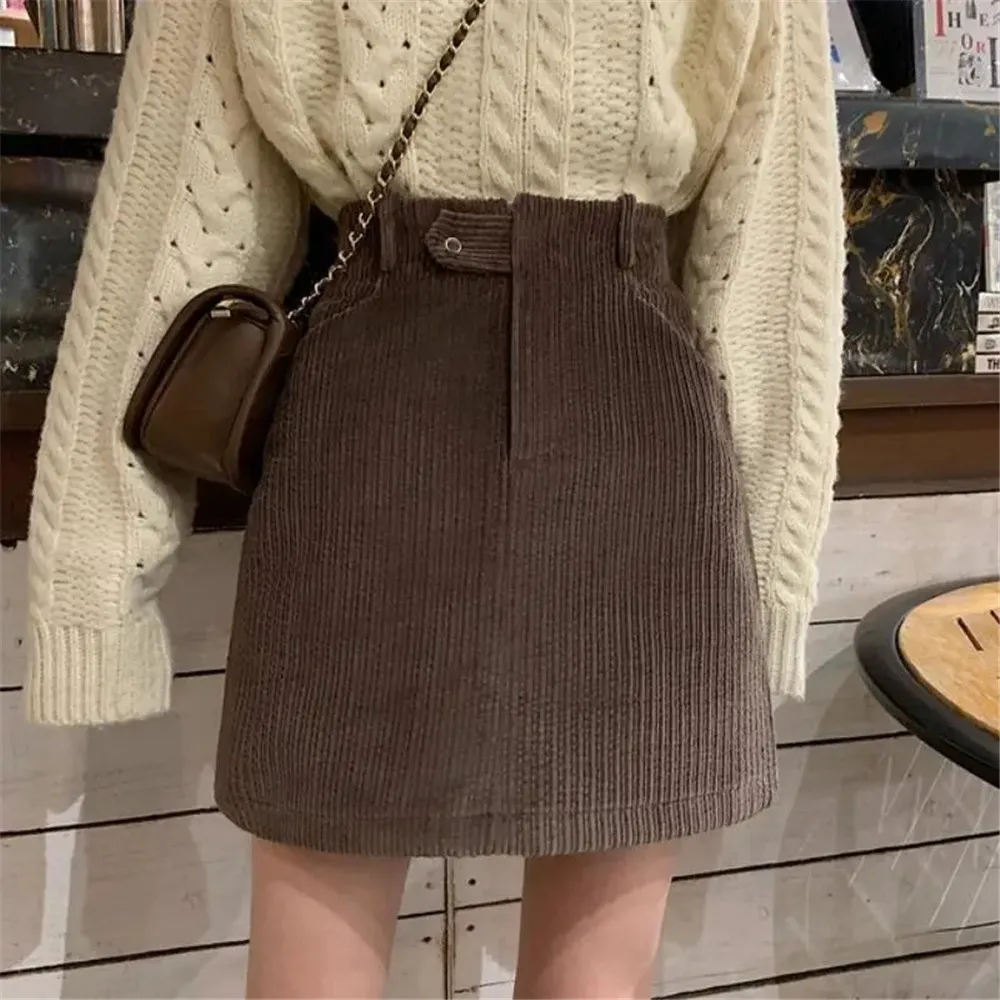 

High Waist Corduroy Female Mini Skirt Women Autumn Winter Solid Chic Trendy Casual Elegant Comfortable A-Line Skirts With Pocket