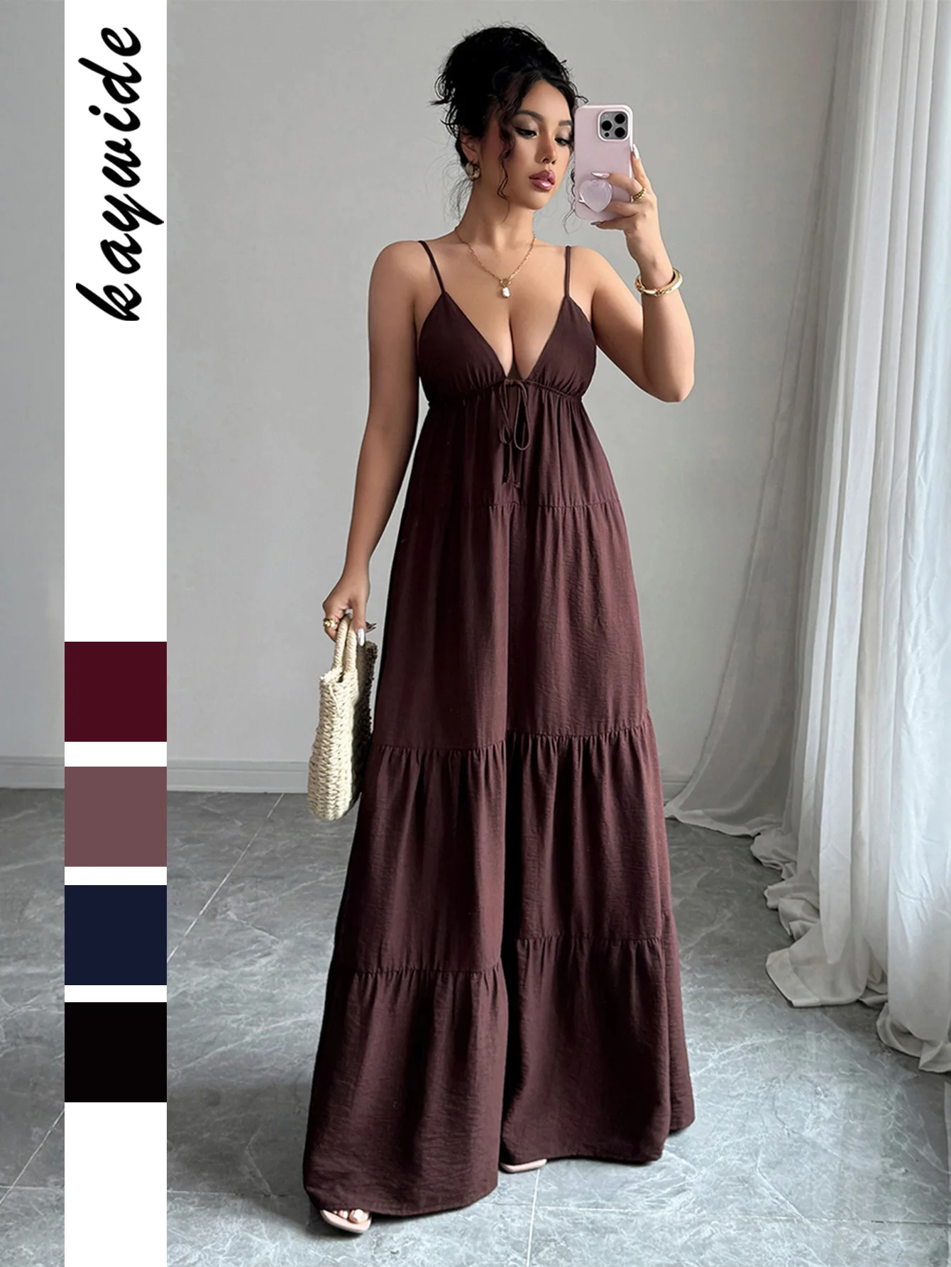 EINY Vestidos largos plisados con tirantes y cuello en V para mujer, vestidos elegantes sin mangas de cintura alta y espalda descubierta, vestido de fiesta holgado, batas de vacaciones y2k