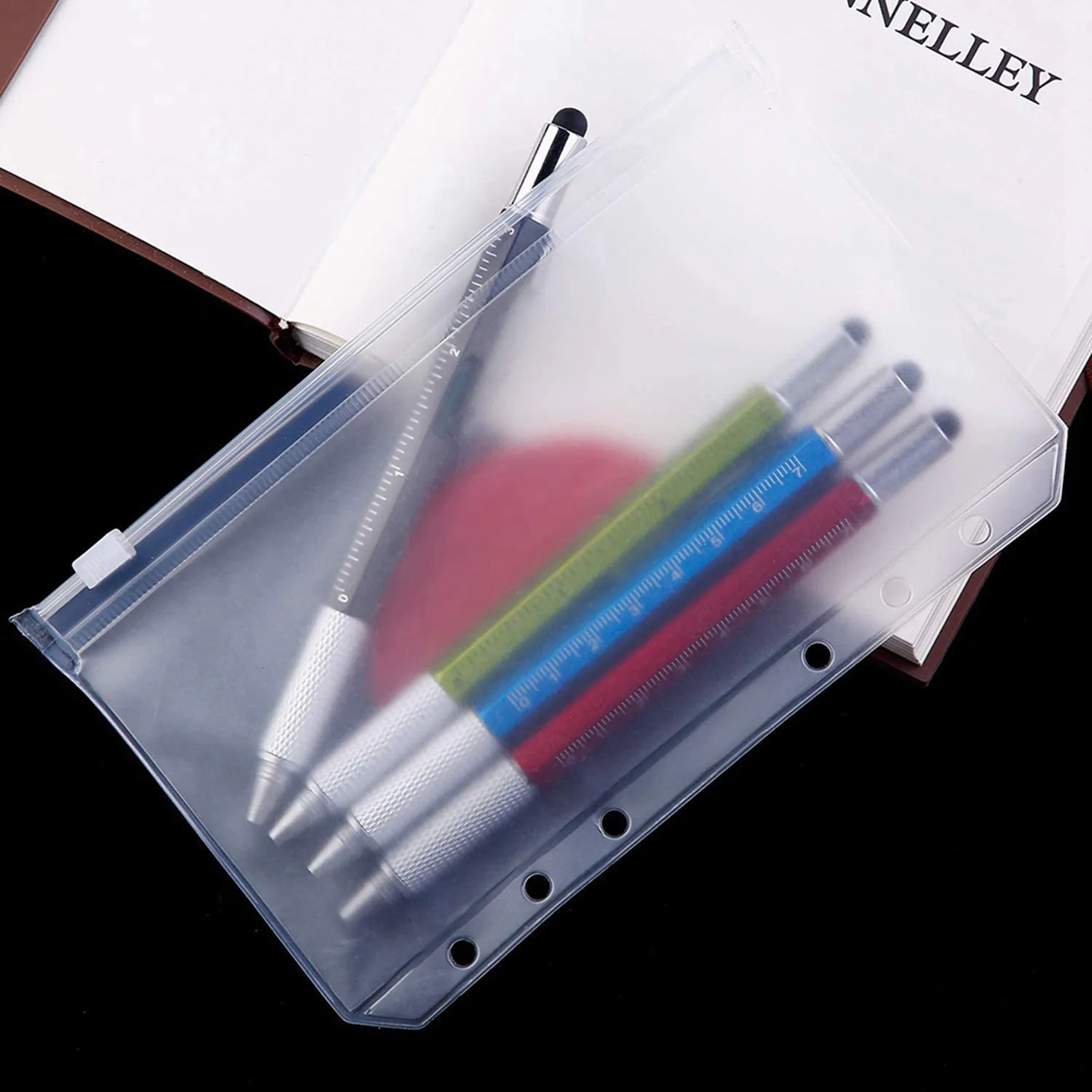 stylish-102-pcs-binder-pockets-a6-size-6-holes-zipper-binder-pouch-folders-clear-waterproof-pvc-loose-leaf-bags
