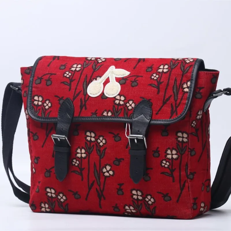 

BP Corduroy Bag Shoulder Handbag Folding Eco-Friendly Cherry Tote Bags Red Flower Messenger Bag