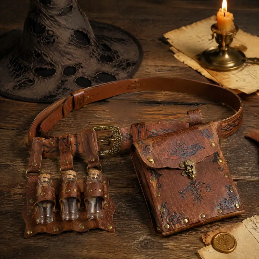 2/3/4pcs Embossed Medieval Wizard Cosplay Set Fantasy Vintage Viking Renaissance Waistband PU with Potion Bottles Waist Bag Belt