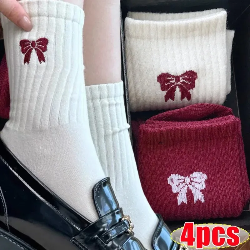 

Милые хлопковые носки с бантом, винно-красные, белые вязаные носки до щиколотки, эластичные теплые средние носки-трубы для милых девушек, осенне-зимние чулочно-носочные изделия