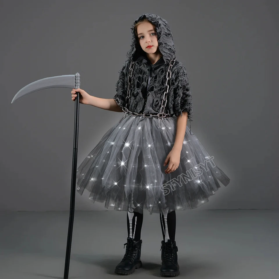 Vestidos con iluminación Led para Halloween, Cosplay de la muerte de terror, capa negra, ropa de fiesta para niñas, vestido de Halloween, disfraz de 