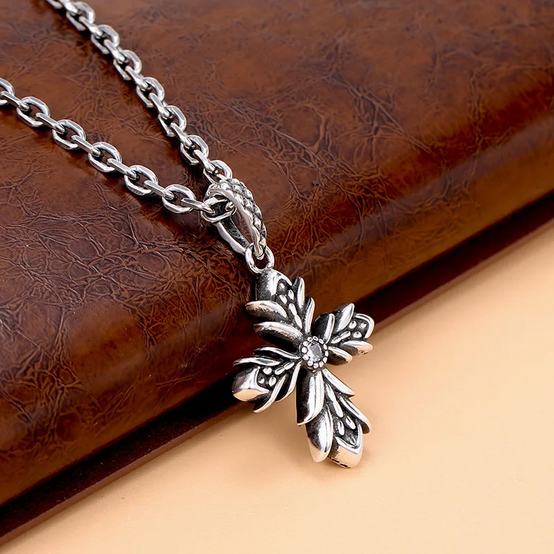 

silver cross flower pendant men's retroretroniche style silver jewelry easiest for match necklace pendant hip hop jewelry