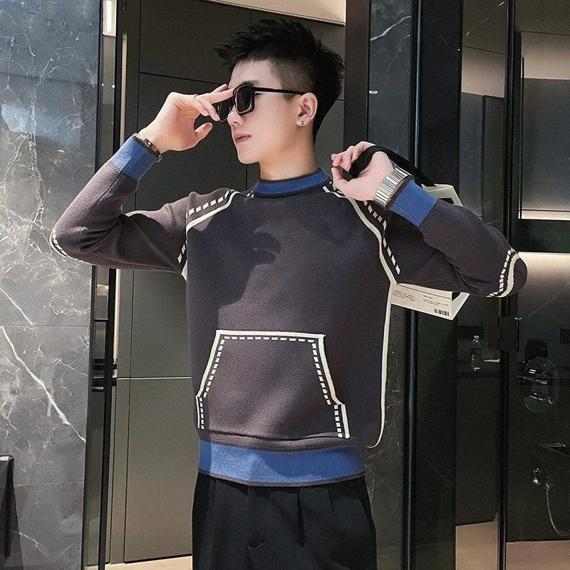 

Мужской повседневный пуловер с круглым вырезом, сращенным дизайном и трехмерными карманами для весенней и осенней одежды