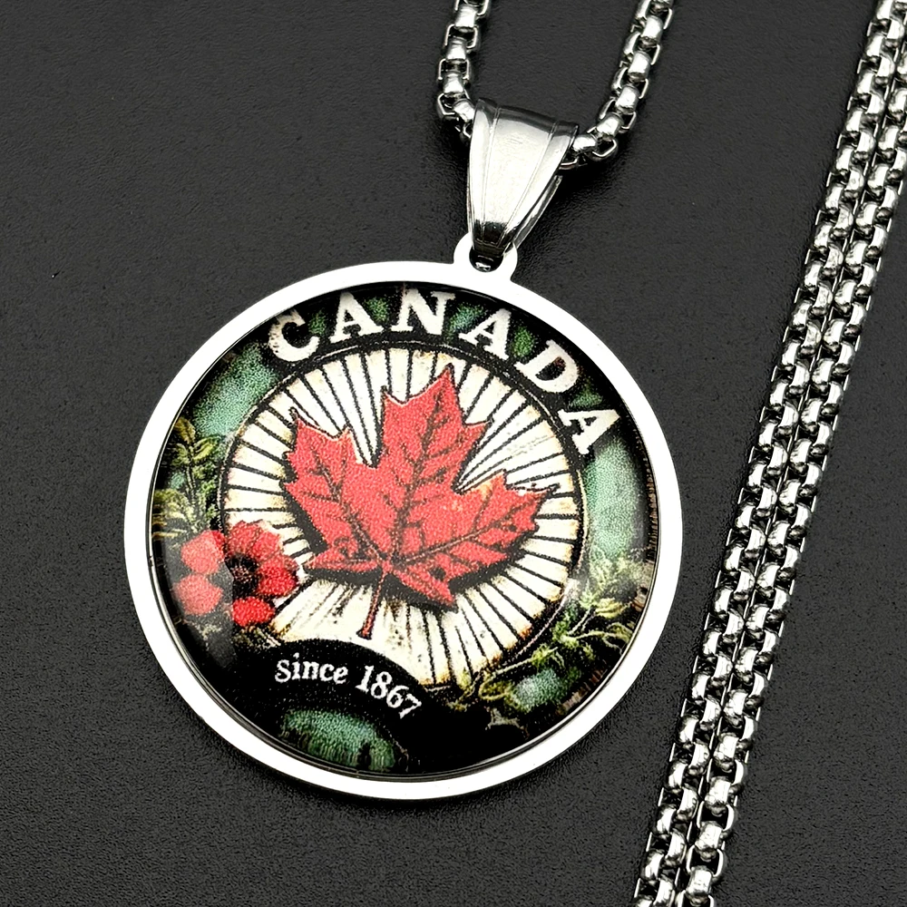Canada Maple Leaf Pendant Necklace For Women Men Stainless Steel Gold Color Glass Window Peace Culture Flower Chain Jewelry view 4