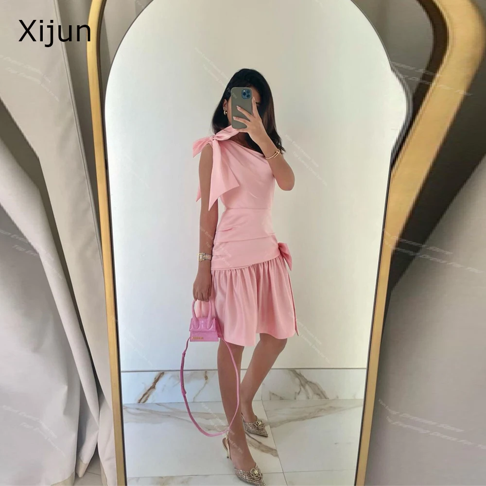 Xijun Pink Satin Short Prom Dresses Saudi Arabric Formal One Shoulder Evening Dresses Bow Knee Length Occasion Dubai Prom Gowns