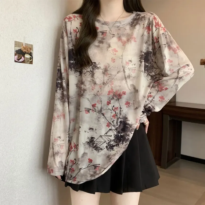 Chinese Style Ink Painting T-shirt Summer Thin Long Sleeve Women\'s Clothing Vintage Casual Loose Fashion Round Neck Pullovers