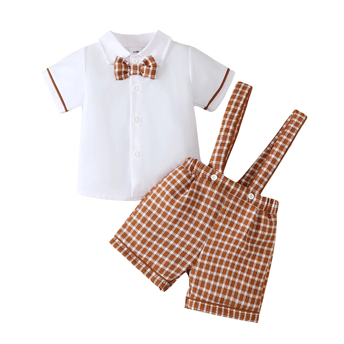 2PCS Fashion Summer Preschool Boys' Set White Short sleeved Shirt+Checkered Strap Shorts+Bow Bow Children's Formal Set 0-3Y