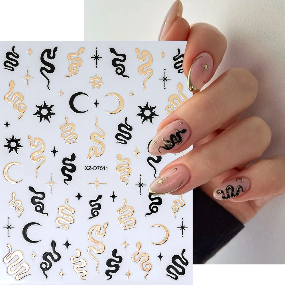 12Pcs 3D Bronzing Snake Sun Star Nail Stickers Gothic Snake Print Self-adhesive Nail Decals Punk Style Snakes Manicure Sliders &