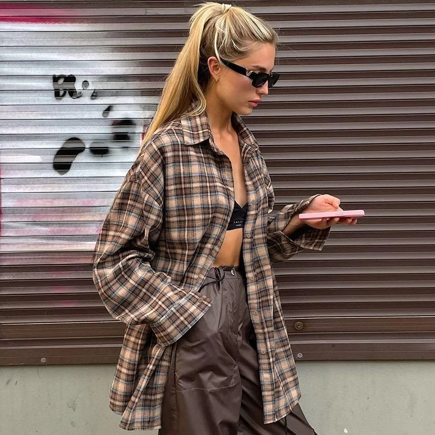 

Women's Long Sle Plaid Cotton irt Loose Fit Polyester Blend Regular Sve Length Summer Faion Resistant to Deformation