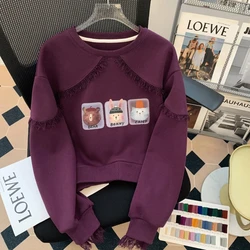 Spring Autumn Tassel Cartoon Letter Printing Round Neck Pullover Lantern Long Sleeve Hoodies Women's Clothing Casual Loose Tops