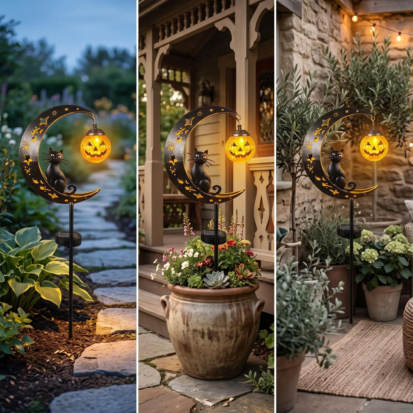 Solar Garden Stake Light Black Wrought Iron Cat Design Hanging Lantern for Outdoor Pathway Lighting