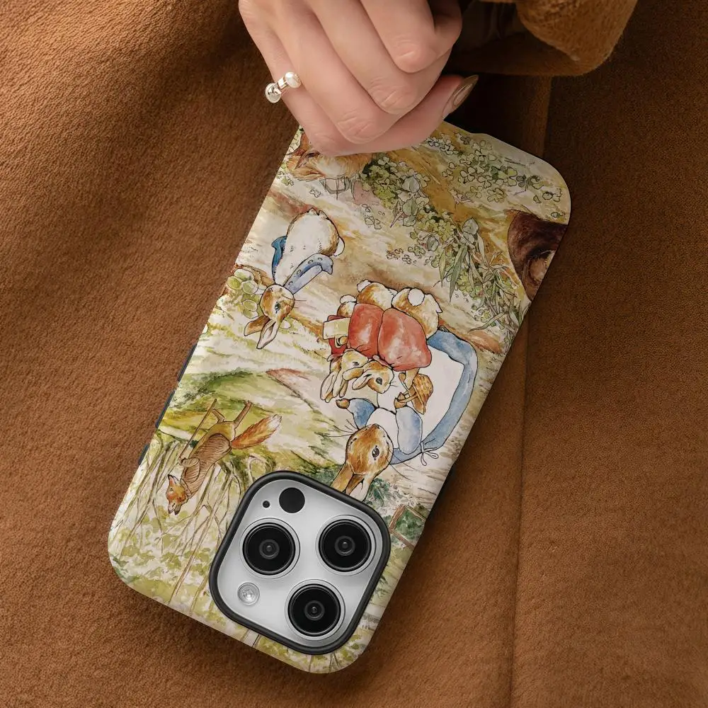 Cartoon Peters Rabbit Phone Case For iPhone 16 15 14 13 12 11 Pro Max Plus Glossy HD Double-Layer Liquid Back Film Hard Shell