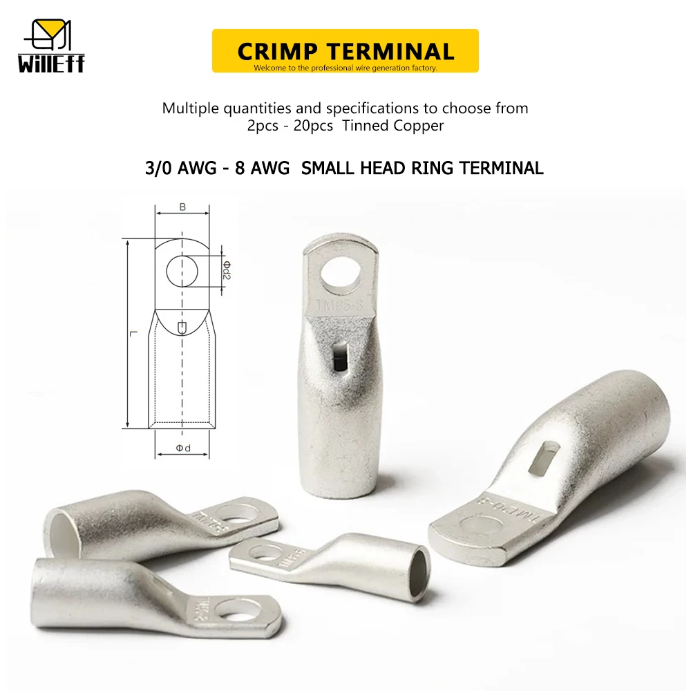 Narrow head terminal Pure Copper Ring Terminal Solid Copper Low-profile terminal Tinned Copper Terminal Lug Narrow-tip terminal