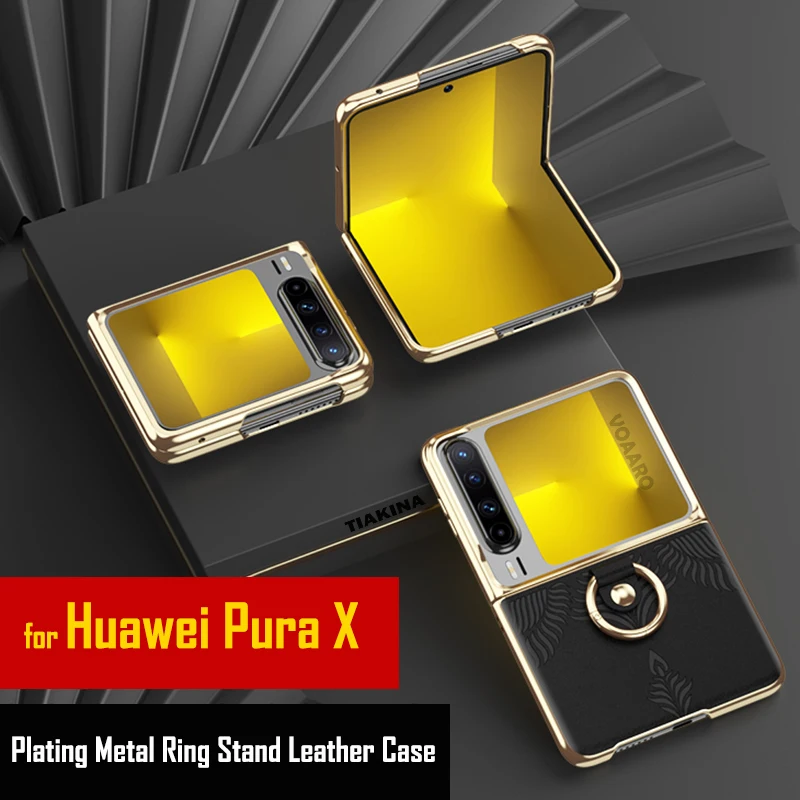 

Plating Genuine Leather Funda for Huawei Pura X Case with Metal Ring Stand Cover for Huawei Pura X Nappa Leather Print Case
