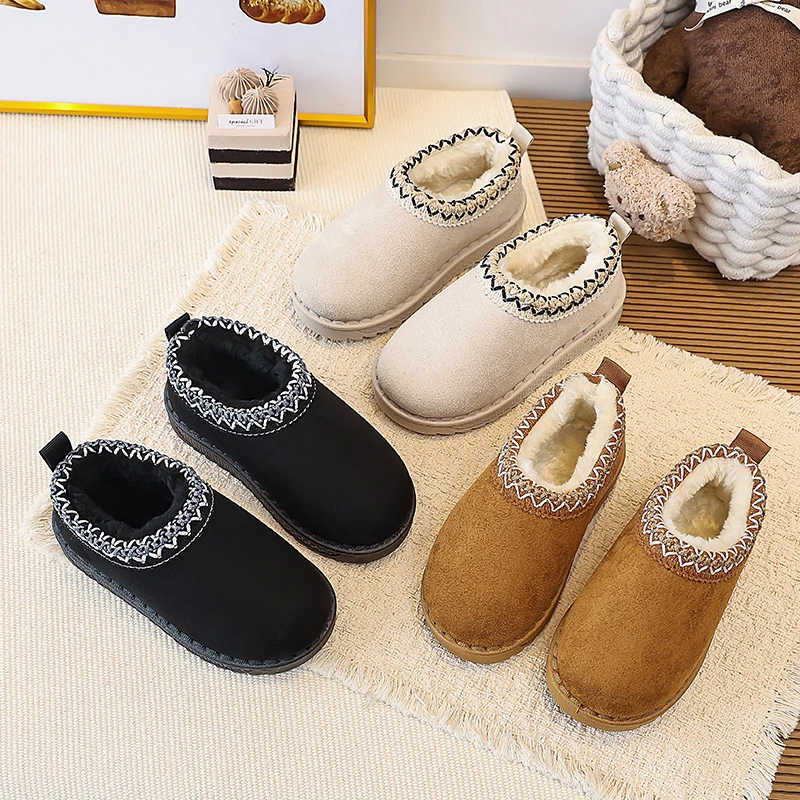 Winter Children Snow Boots Embroidery Chunky Suede Kids Casual Shoes Fleece Warm Cozy Leisure Slip-on Unisex Boys Girls Shoe