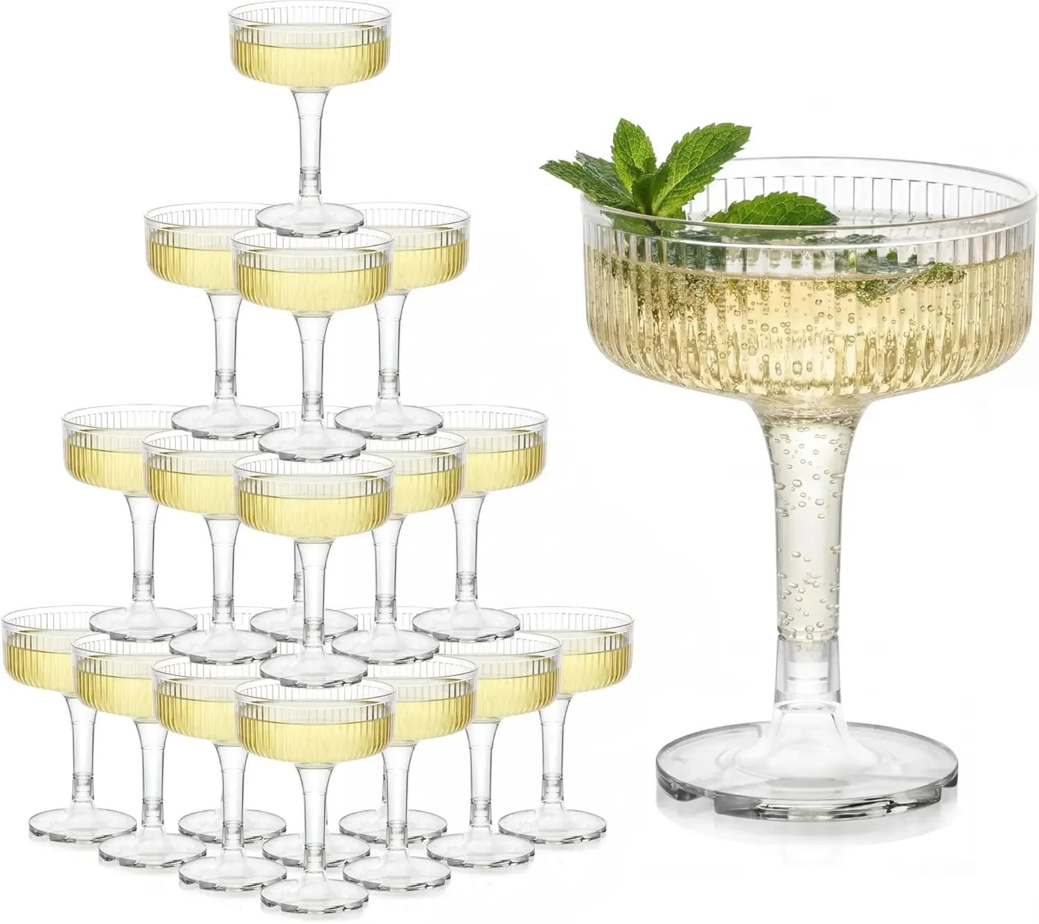 4-Tier Plastic Champagne Tower with 7oz Wine Glasses Unbreakable Wedding Acrylic Martini Drinkware for Birthday Party