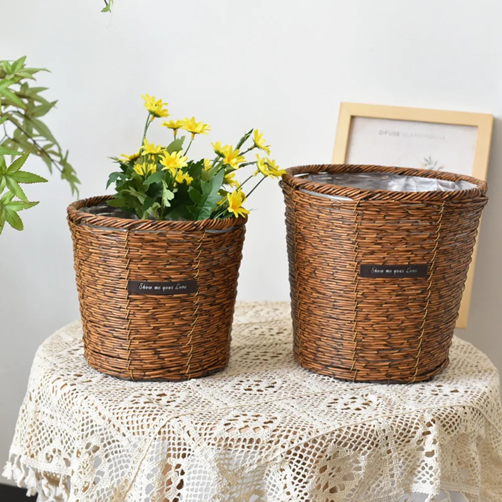 Straw Wicker Woven Planter Basket Yellow Handmade Rattan Seagrass Storage Basket Flower Pot Laundry Clthoes Baskets Home Decor