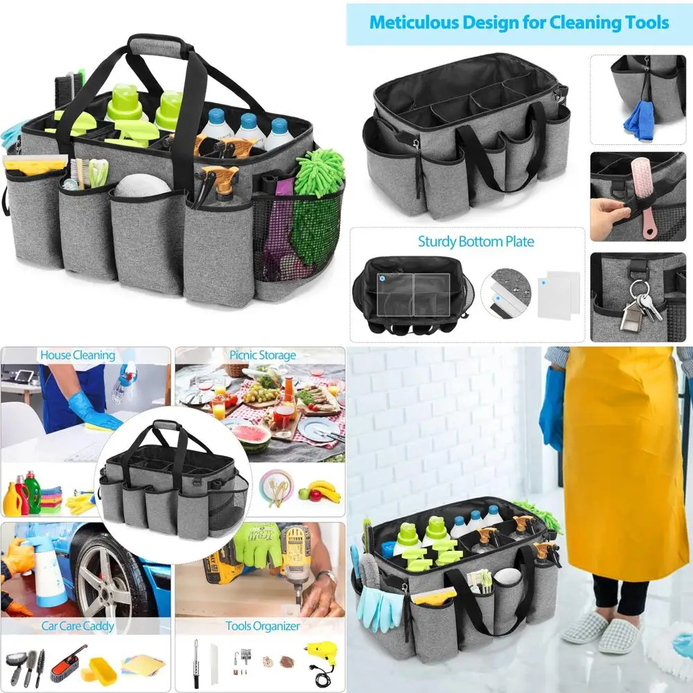 

Large Capacity Cleaning Organizer Caddy with Handles for Tools & Supplies, Ideal for Home, Car, and Housekeeping, Gray