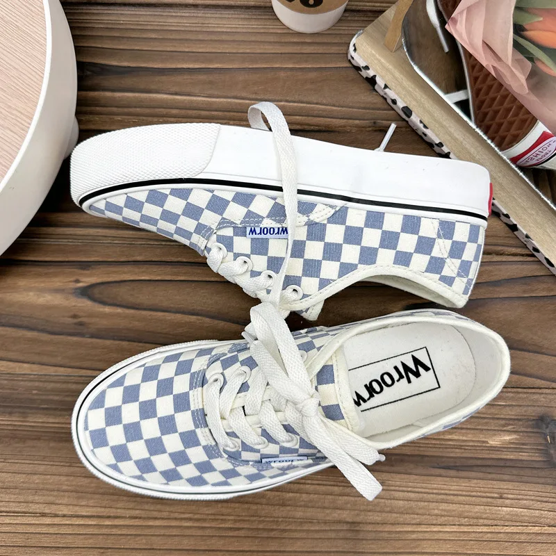 Flat Women Blue Checkered Canvas Sneakers Lace Up Girls Rainbow Canvas Shoes Students School Basic Plaid Casual Shoes 35-40