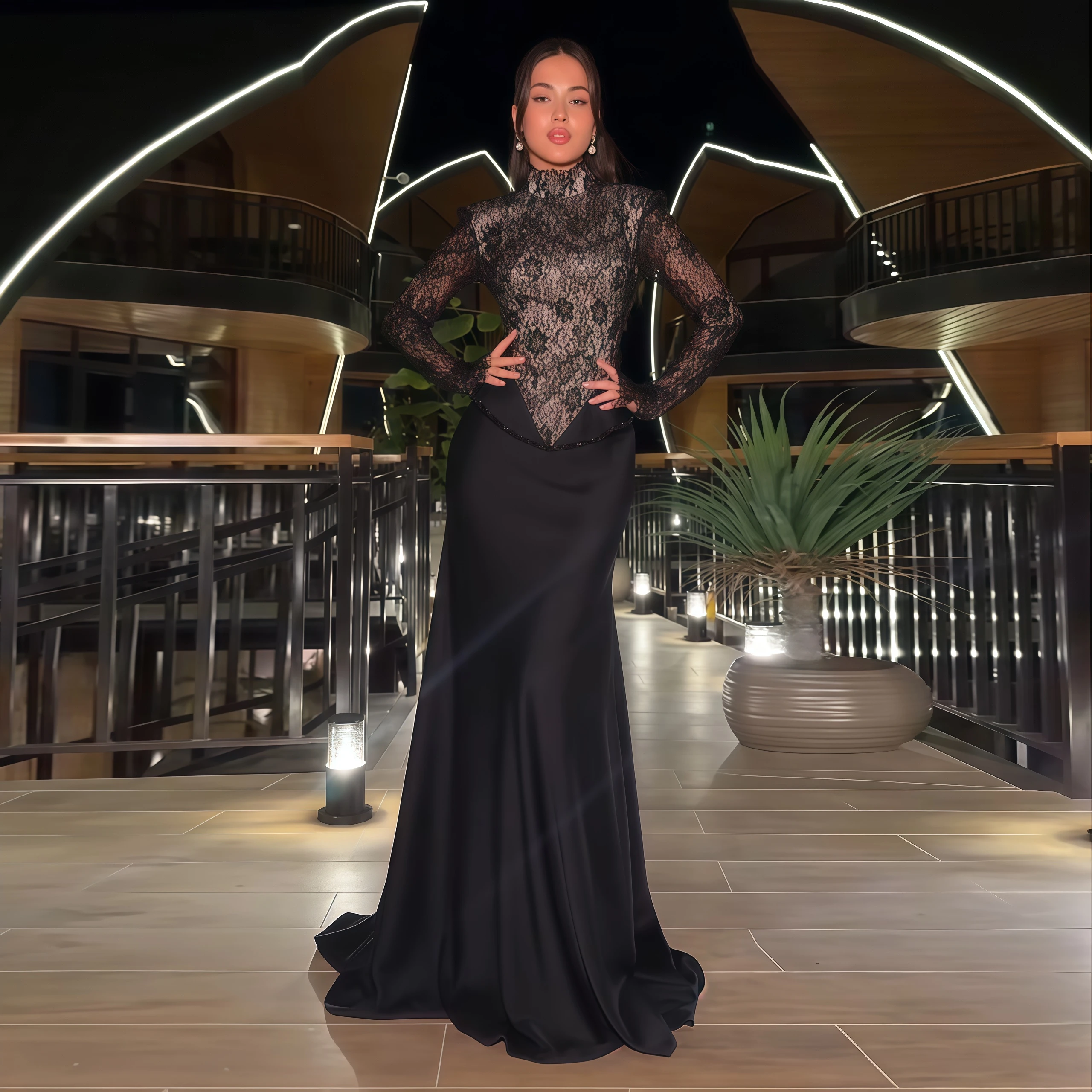 Sharon Said Elegant Long Sleeve Black Mermaid Evening Dress Lace Satin Modest Women Wedding Party Gowns SF072 Customized