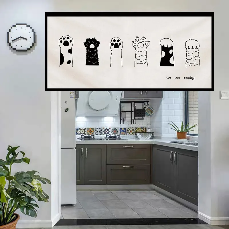 VIKAMA Minimal Line Cat Noren Door Curtain Velcro Punch Free for Kitchen Cafe Minimalist Decor for Home & Commercial Use