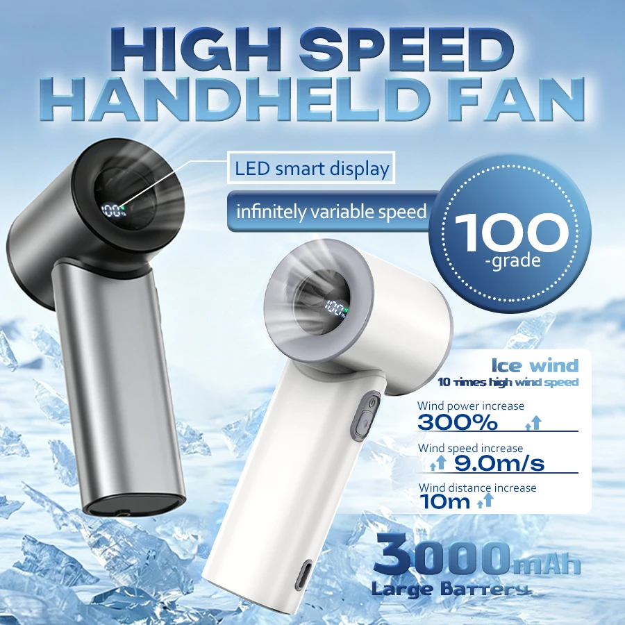 

High Speed Handheld Fan, 100 Stepless Speeds, 3000mAh Rechargeable, LED Display, Quiet Powerful, Pocket Fan for Travel Camping