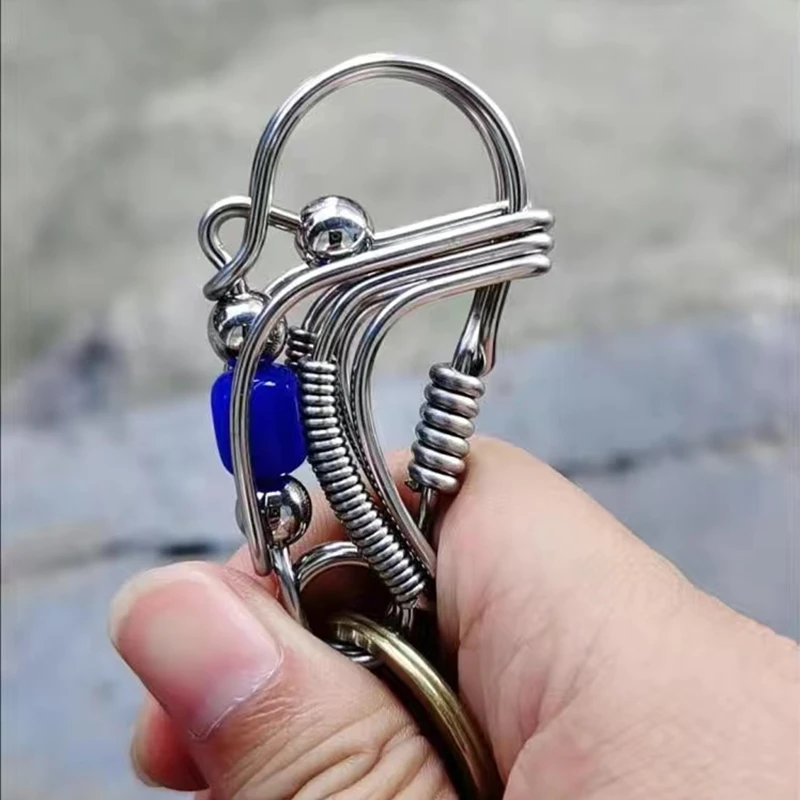 Stainless Steel Handicraft Key Ring Hanging Pendant Buckle Blue Matte Bead Trinket Car Keyring Creative Men Gift Mini Decoration