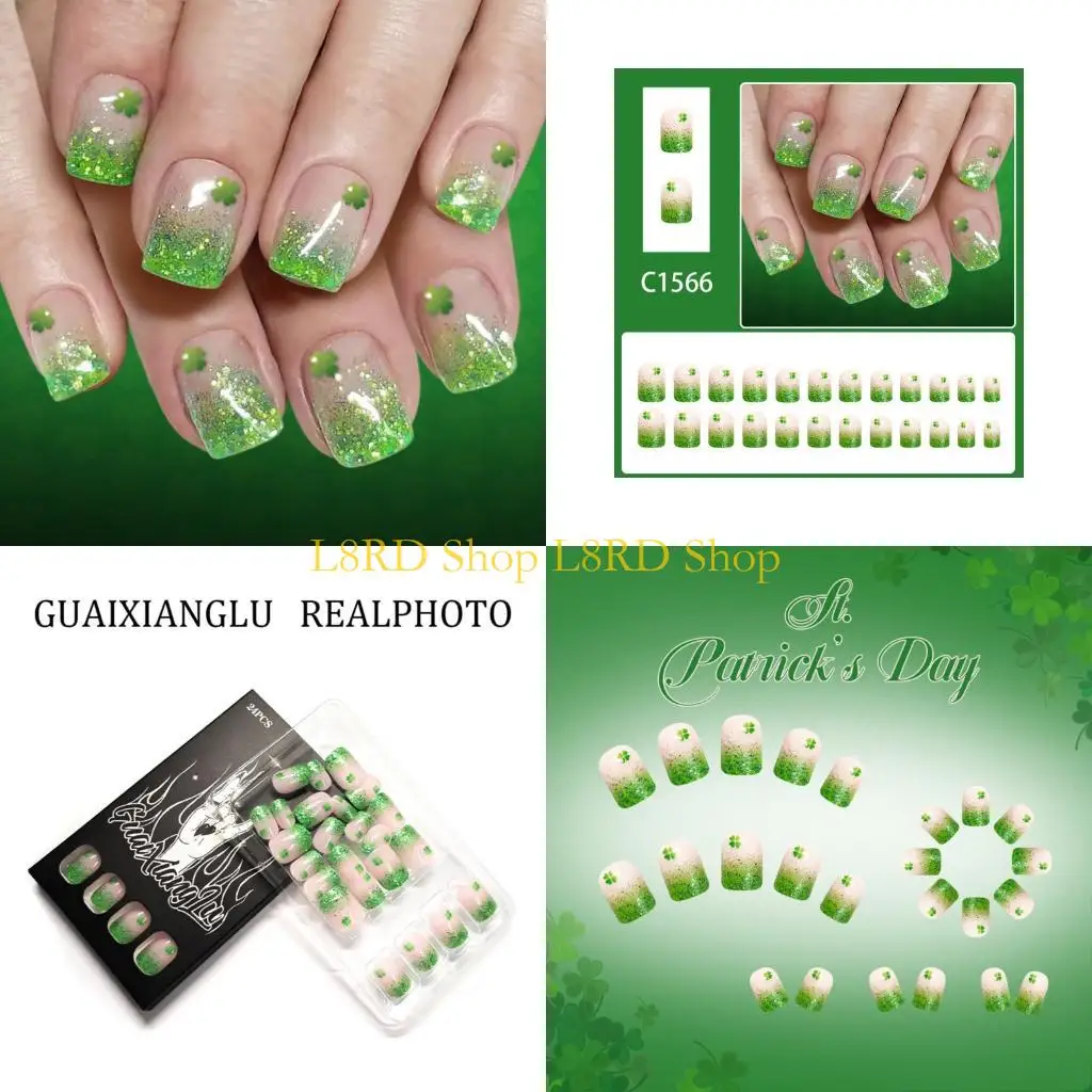 

L8RD 1Set Short Length False Green Clovers Gradient French Glittering Glossy ABS