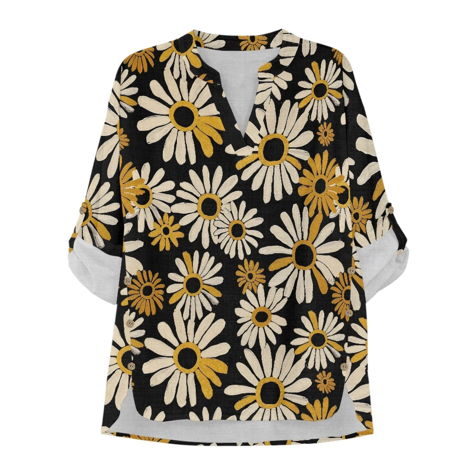 PENSTROLL Yellow White Daisy Cozy V Neck Blouse for Women Linen Like Long Sleeve Tops Tunic Shirts view 4