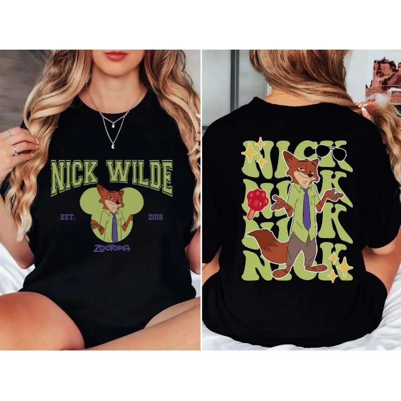تي شيرت ديزني وورلد زوتوبيا نيك وايلد للفصول الأربعة بنمط جديد للجنسين كاجوال من القطن الخالص #1