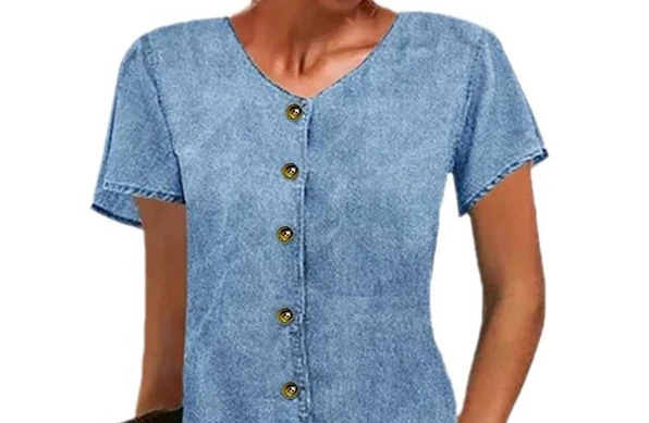 الملابس النسائية الخامس الرقبة واحدة الصدر خمر الدنيم اللباس قصيرة الأكمام فستان القميص الرجعية